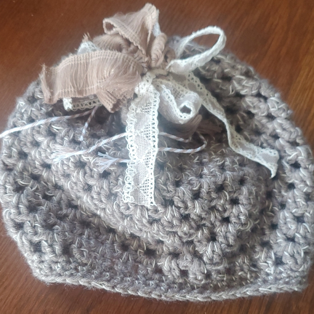 Handmade Crochet Beanie with Lace Bow